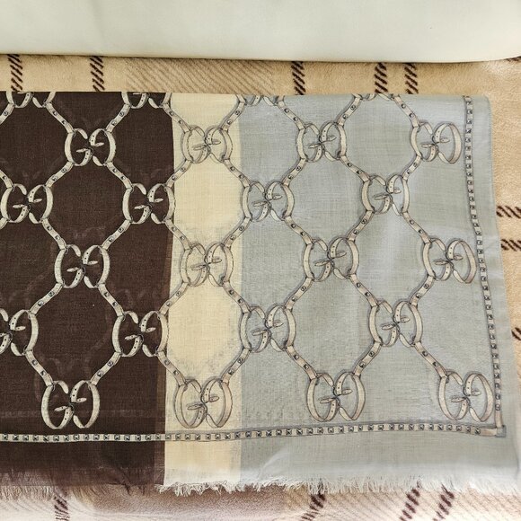 Gucci GG Logo Belt Print Blue & Brown Rectangle Fringe Wool/Silk Pashmina Scarf - Picture 6 of 7